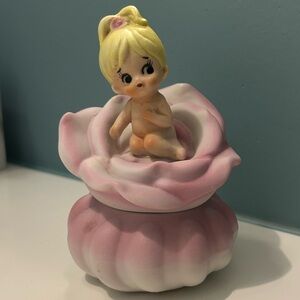 Vintage ceramic pixie baby flower trinket box